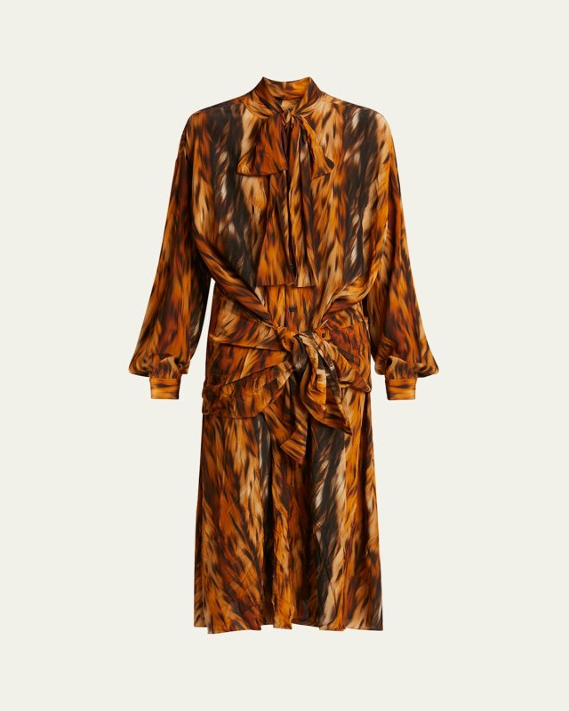 Long Fur Print Knotted Crepe Dress